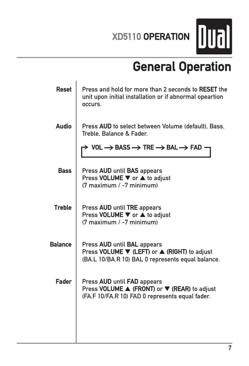 General operation, Xd5110 operation | Dual XD5110 User Manual | Page 7 / 12
