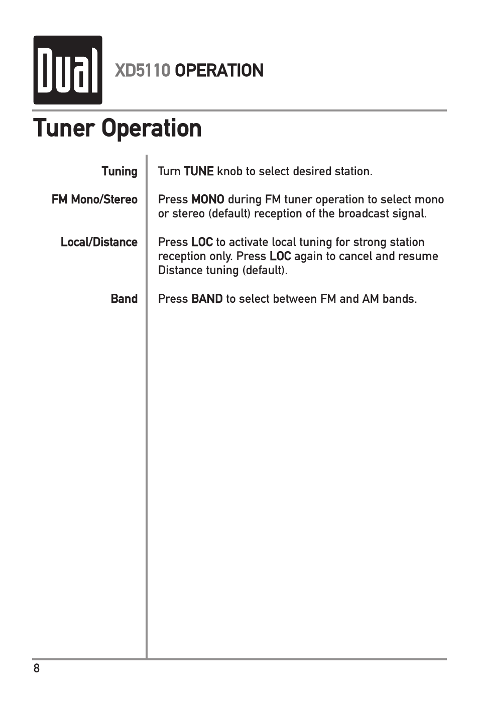 Tuner operation, Xd5110 operation | Dual XD5110 User Manual | Page 8 / 12