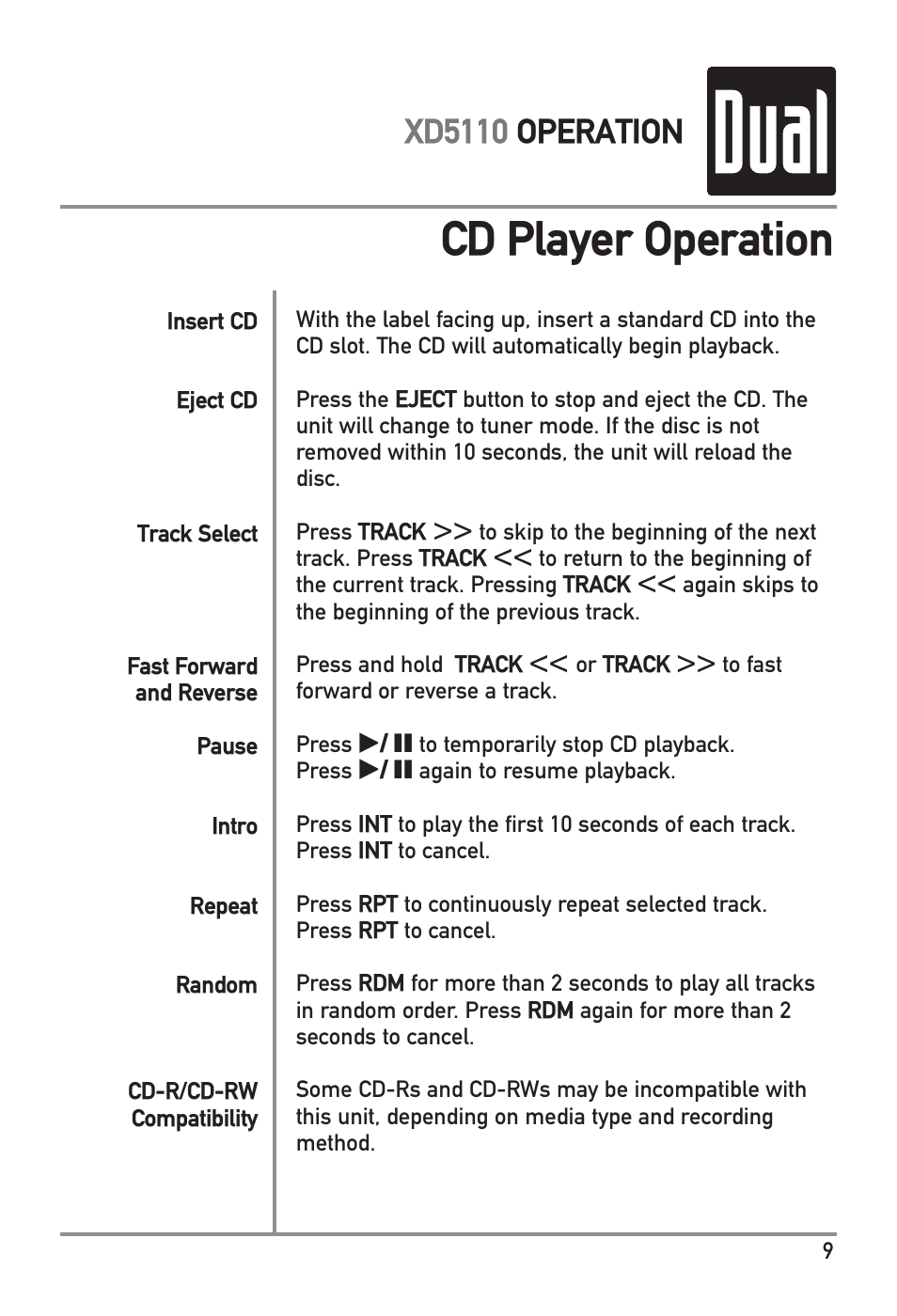 Cd player operation, Xd5110 operation | Dual XD5110 User Manual | Page 9 / 12