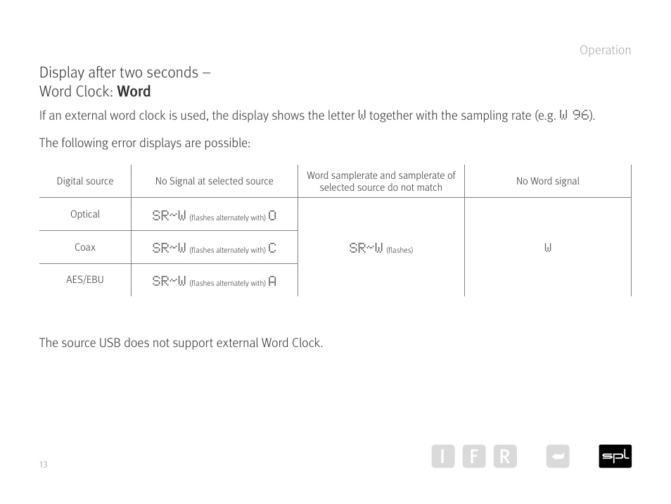Display after two seconds – word clock, Word, Ir f | Display after two seconds – word clock: word | SPL Diamond Desktop DAC and Preamplifier (Black) User Manual | Page 13 / 19