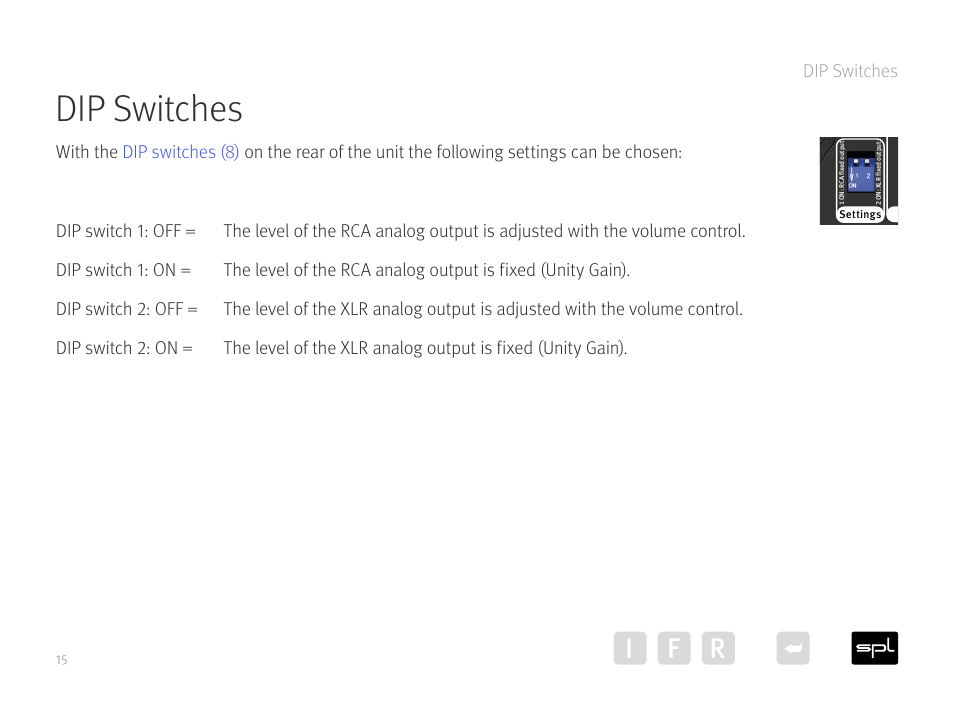 Dip switches, Ir f | SPL Diamond Desktop DAC and Preamplifier (Black) User Manual | Page 15 / 19