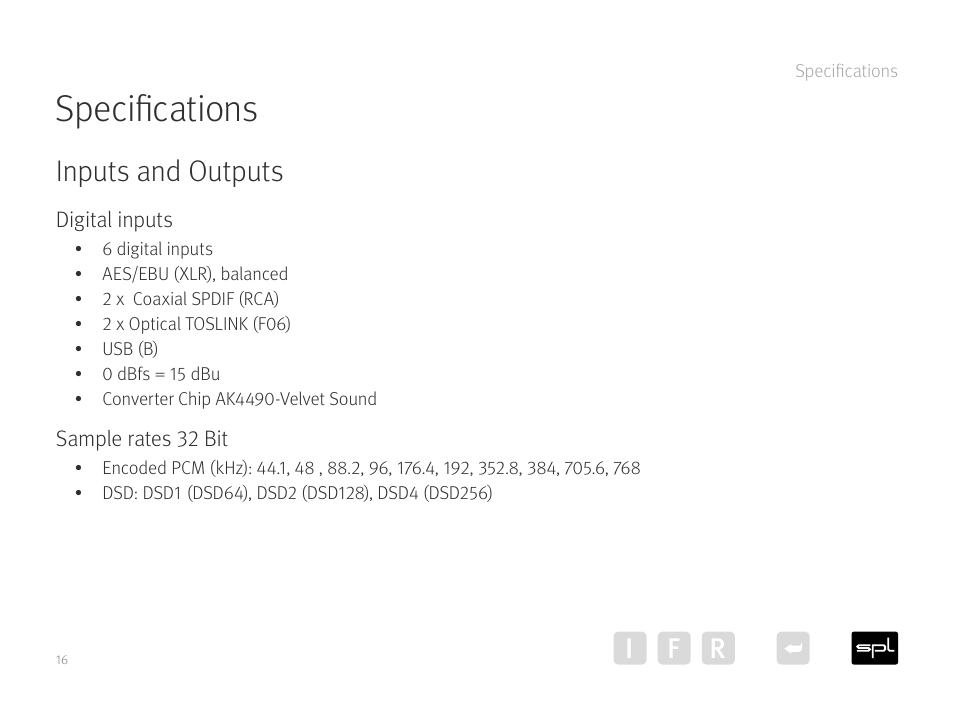 Specifications, Inputs and outputs, Digital inputs | Sample rates 32 bit, Ir f | SPL Diamond Desktop DAC and Preamplifier (Black) User Manual | Page 16 / 19