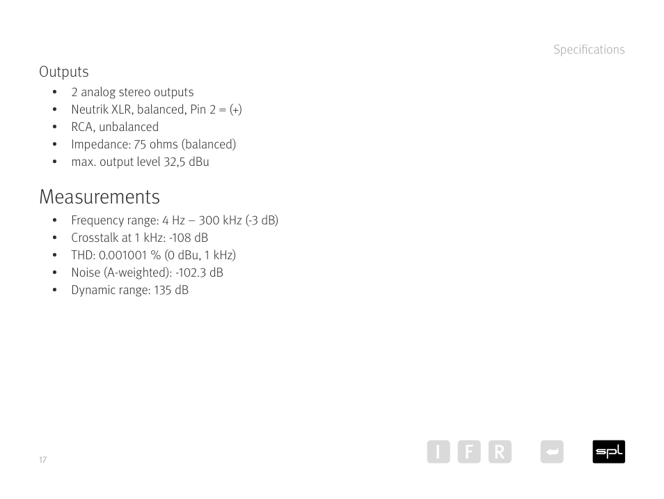 Outputs, Measurements, Ir f | SPL Diamond Desktop DAC and Preamplifier (Black) User Manual | Page 17 / 19