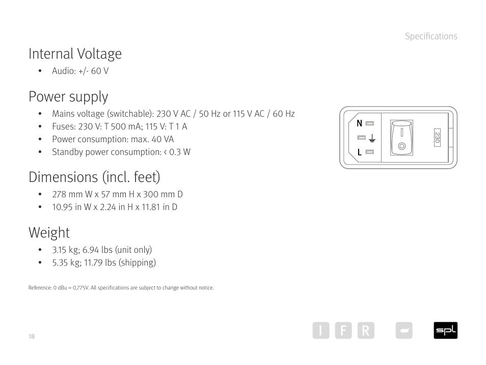 Internal voltage, Power supply, Dimensions (incl. feet) | Weight, Ir f | SPL Diamond Desktop DAC and Preamplifier (Black) User Manual | Page 18 / 19