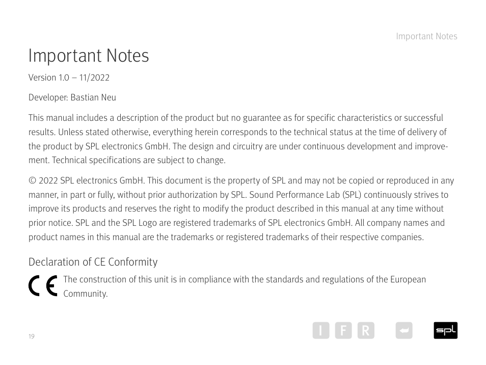 Important notes, Declaration of ce conformity, Ir f | SPL Diamond Desktop DAC and Preamplifier (Black) User Manual | Page 19 / 19
