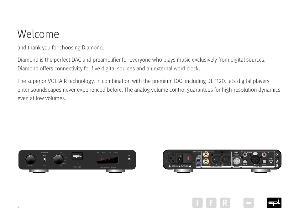 Welcome, Ir f | SPL Diamond Desktop DAC and Preamplifier (Black) User Manual | Page 2 / 19