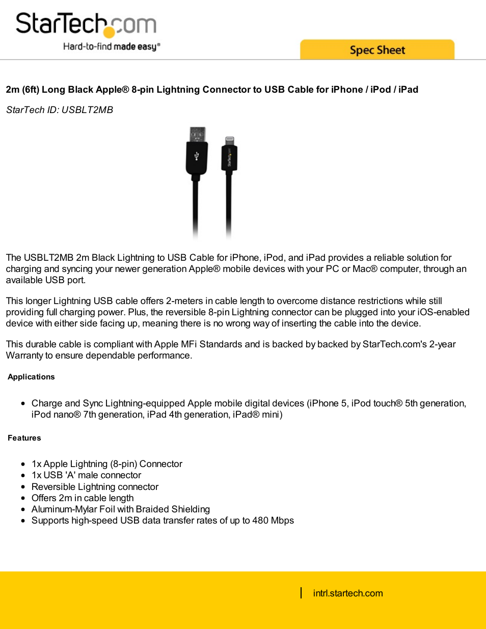 StarTech.com Apple Lightning Connector to USB Cable (Black, 6.6') User Manual | 2 pages