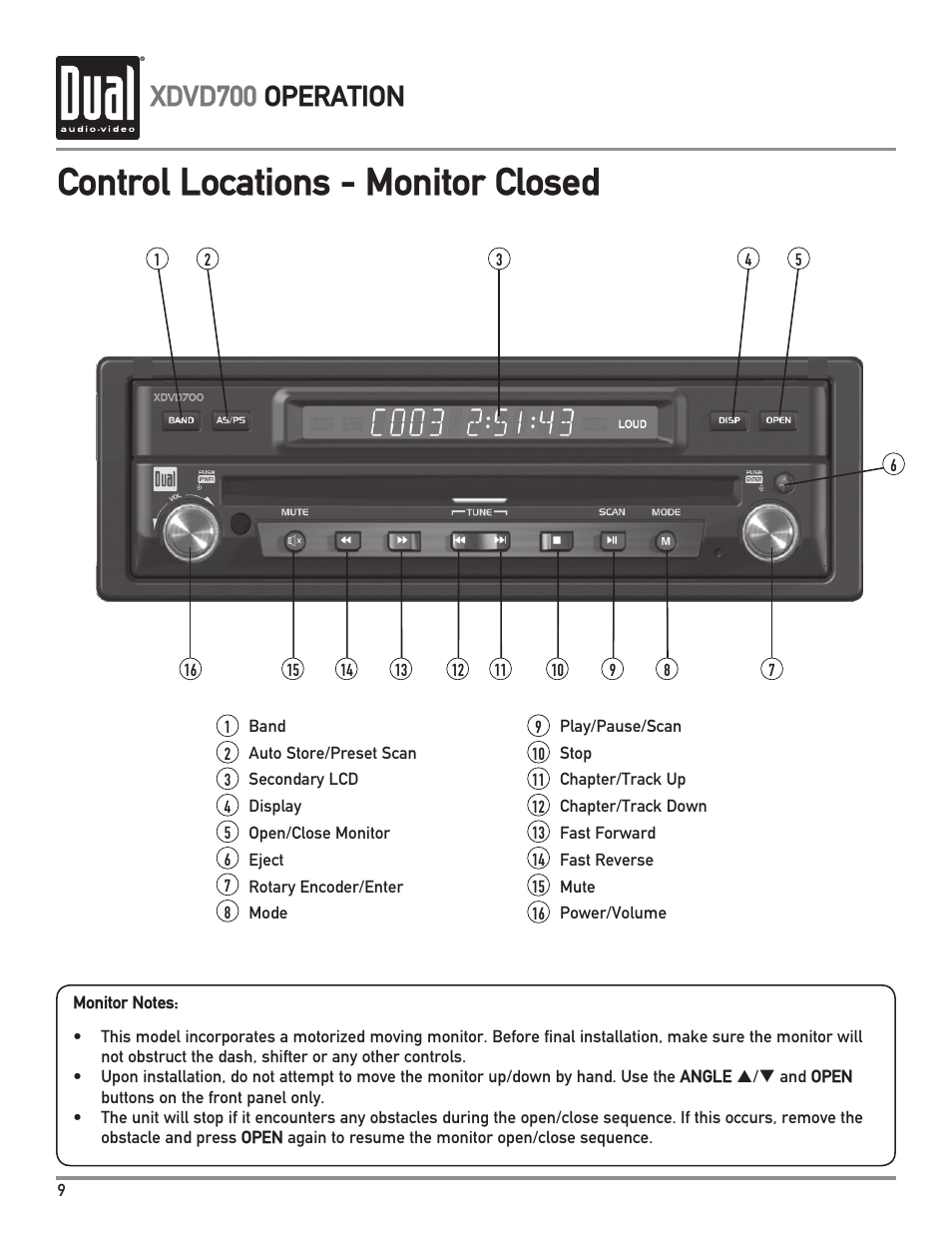 Control locations - monitor closed, Xdvd700 operation | Dual XDVD700 User Manual | Page 10 / 56