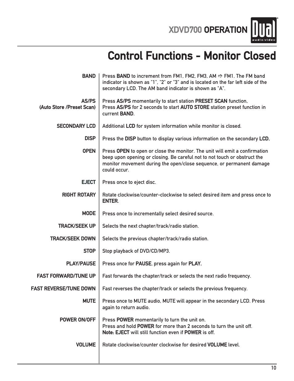 Control functions - monitor closed, Xdvd700 operation | Dual XDVD700 User Manual | Page 11 / 56
