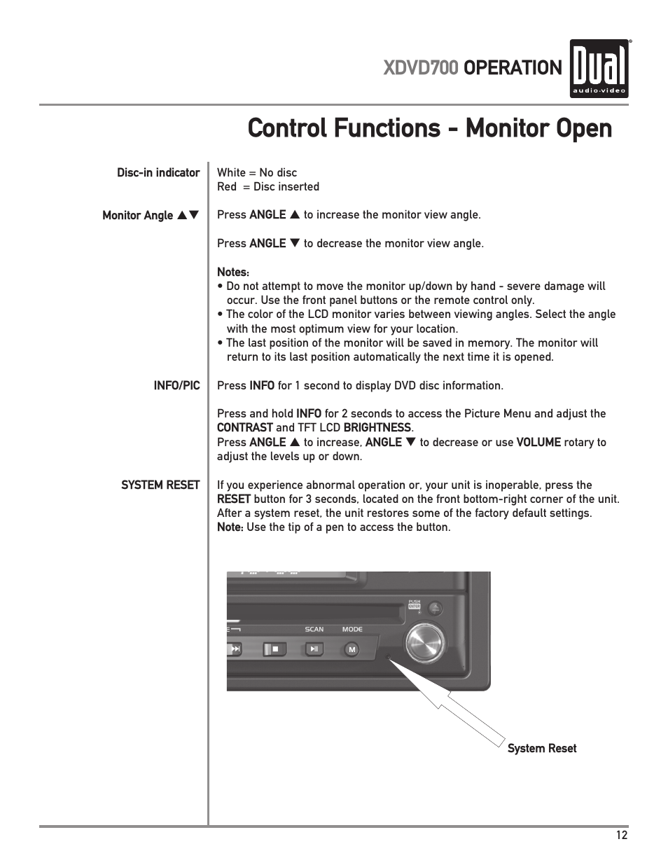 Control functions - monitor open, Xdvd700 operation | Dual XDVD700 User Manual | Page 13 / 56
