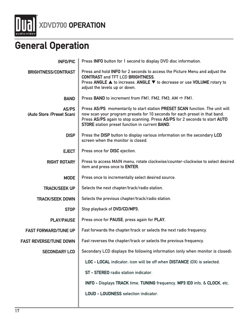 General operation, Xdvd700 operation | Dual XDVD700 User Manual | Page 18 / 56