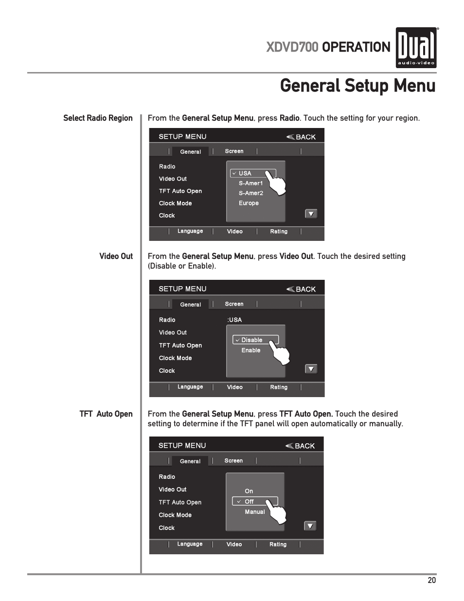 General setup menu | Dual XDVD700 User Manual | Page 21 / 56