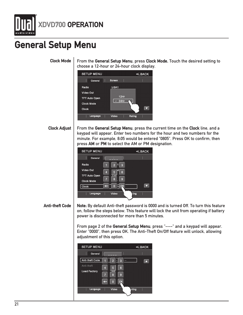 General setup menu | Dual XDVD700 User Manual | Page 22 / 56