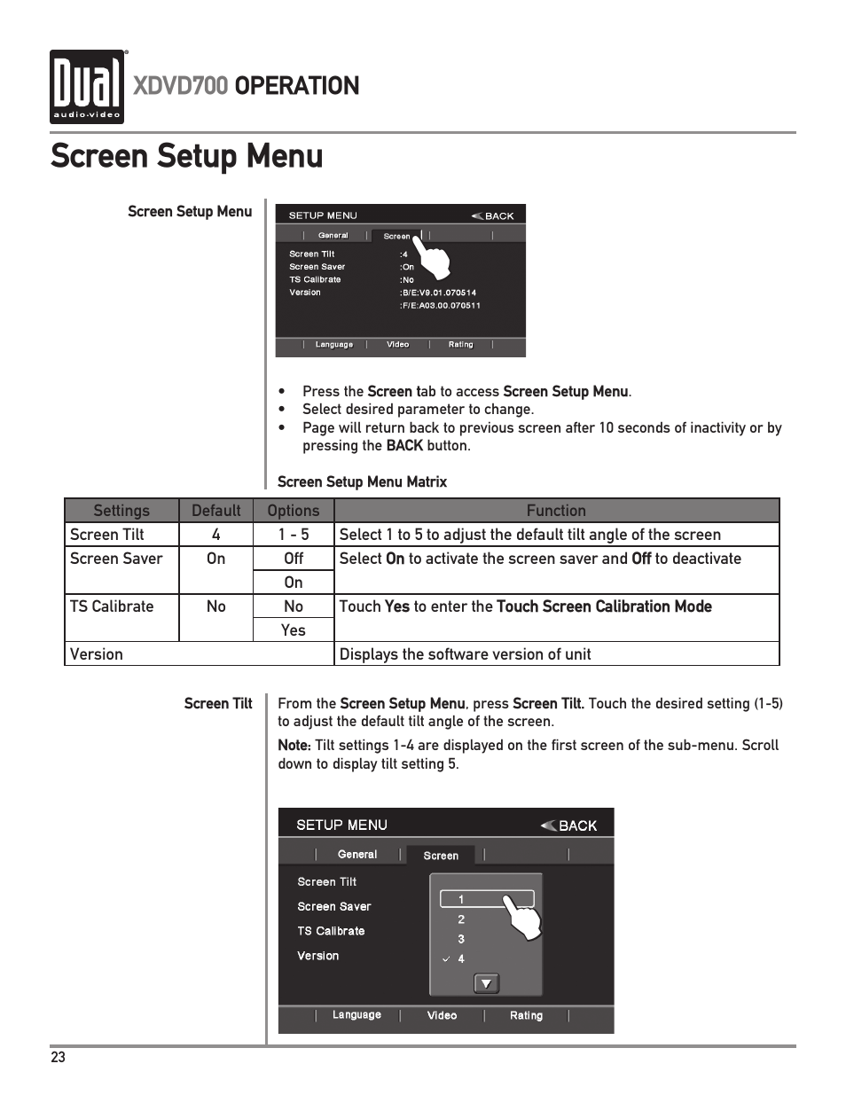 Screen setup menu, Xdvd700 operation | Dual XDVD700 User Manual | Page 24 / 56