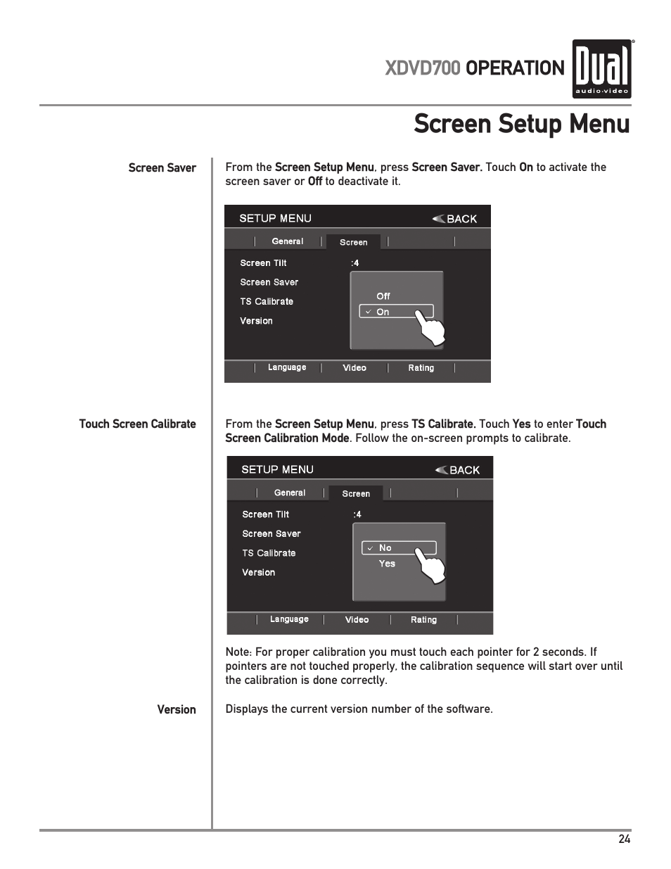 Screen setup menu | Dual XDVD700 User Manual | Page 25 / 56