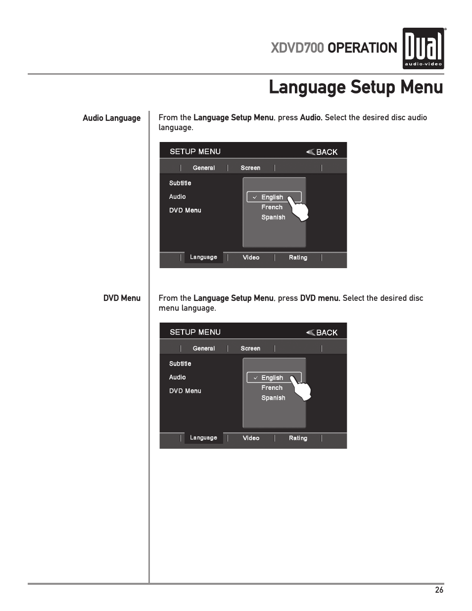 Language setup menu | Dual XDVD700 User Manual | Page 27 / 56