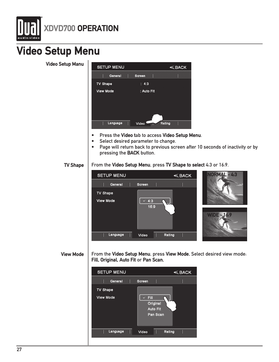 Video setup menu | Dual XDVD700 User Manual | Page 28 / 56