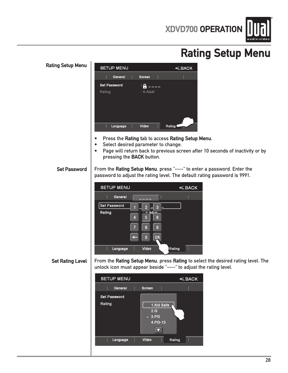 Rating setup menu | Dual XDVD700 User Manual | Page 29 / 56