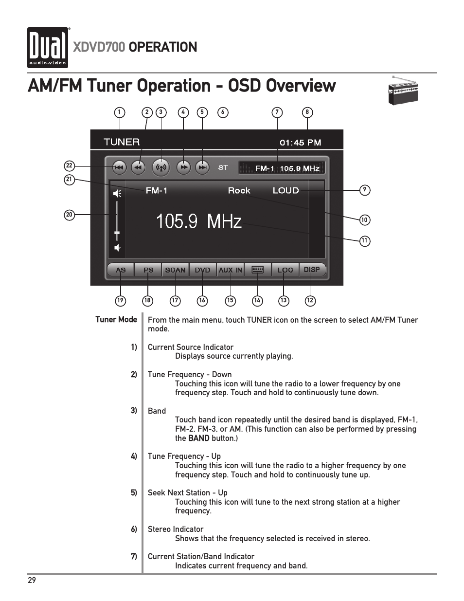 Am/fm tuner operation - osd overview, Xdvd700 operation | Dual XDVD700 User Manual | Page 30 / 56