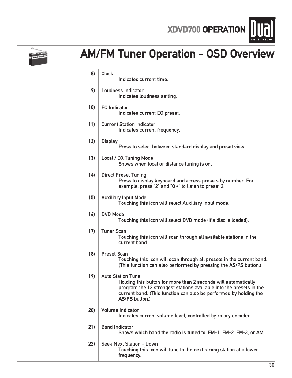 Am/fm tuner operation - osd overview, Xdvd700 operation | Dual XDVD700 User Manual | Page 31 / 56