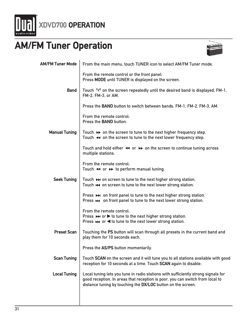 Am/fm tuner operation, Xdvd700 operation | Dual XDVD700 User Manual | Page 32 / 56