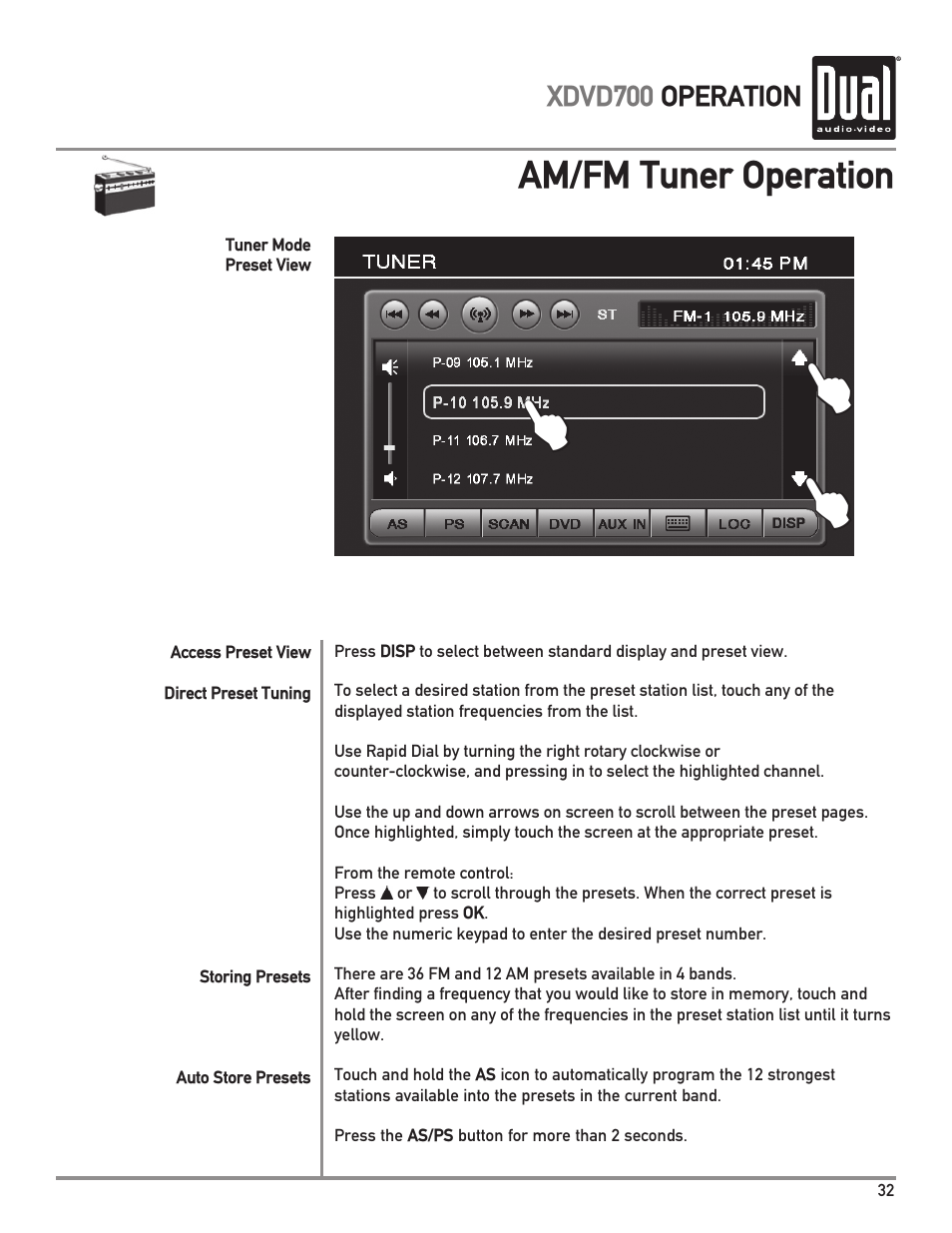 Am/fm tuner operation | Dual XDVD700 User Manual | Page 33 / 56