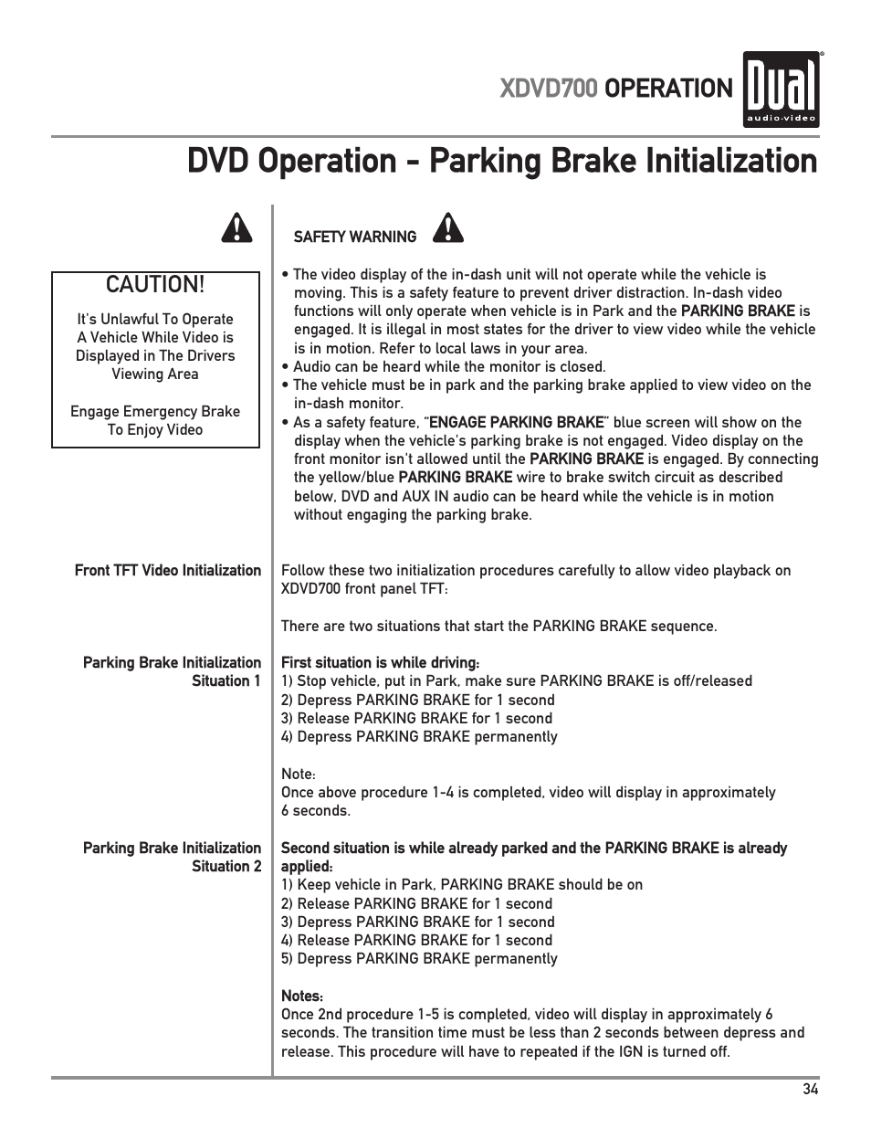 Dvd operation - parking brake initialization, Xdvd700 operation, Caution | Dual XDVD700 User Manual | Page 35 / 56