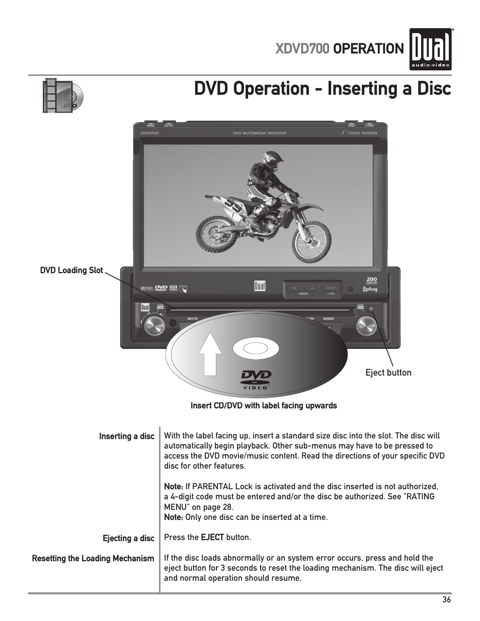 Dvd operation - inserting a disc, Xdvd700 operation | Dual XDVD700 User Manual | Page 37 / 56