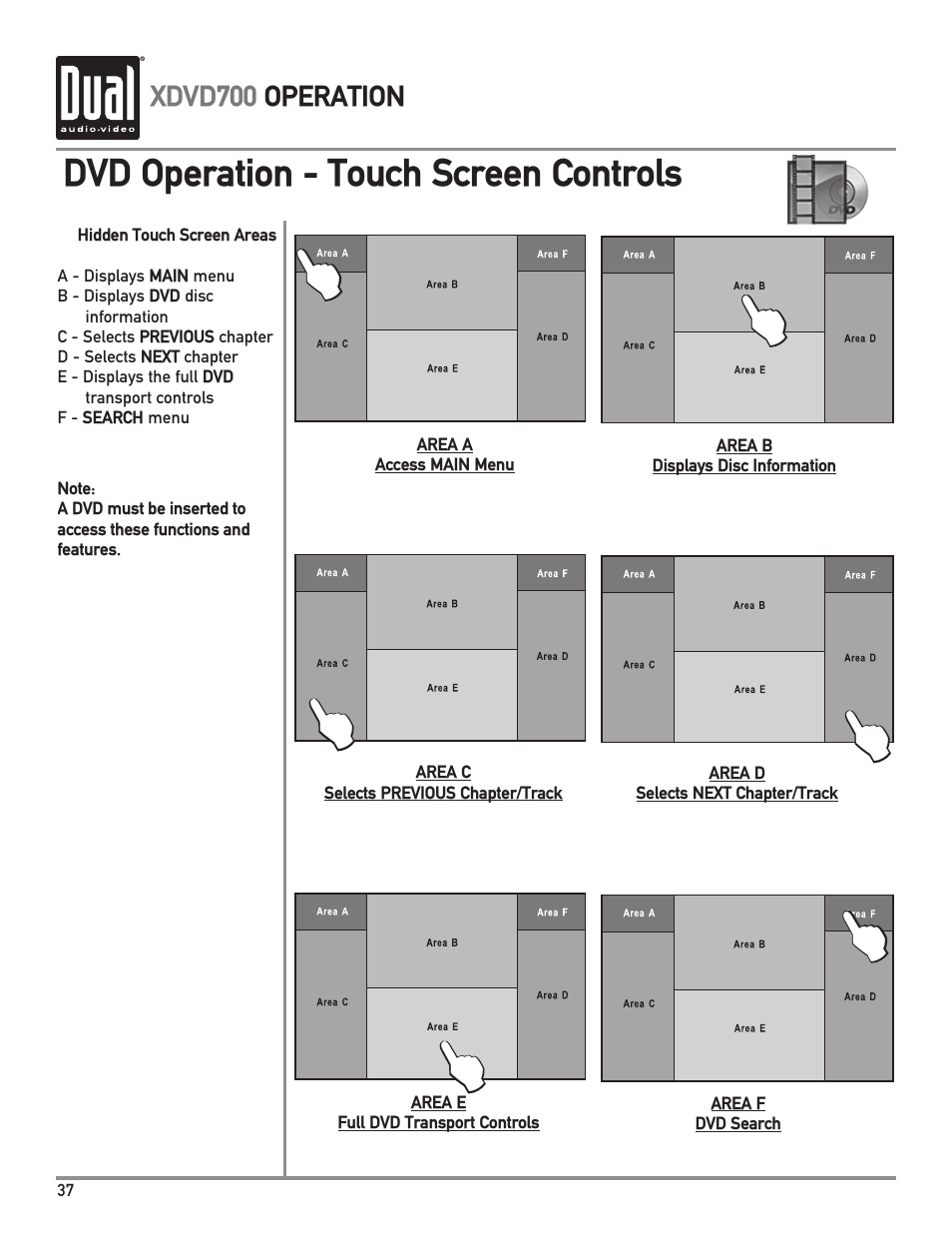 Dvd operation - touch screen controls | Dual XDVD700 User Manual | Page 38 / 56