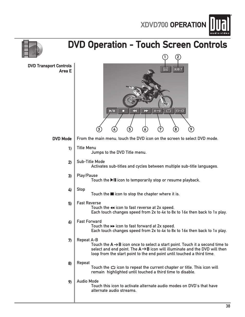 Dvd operation - touch screen controls, Xdvd700 operation | Dual XDVD700 User Manual | Page 39 / 56