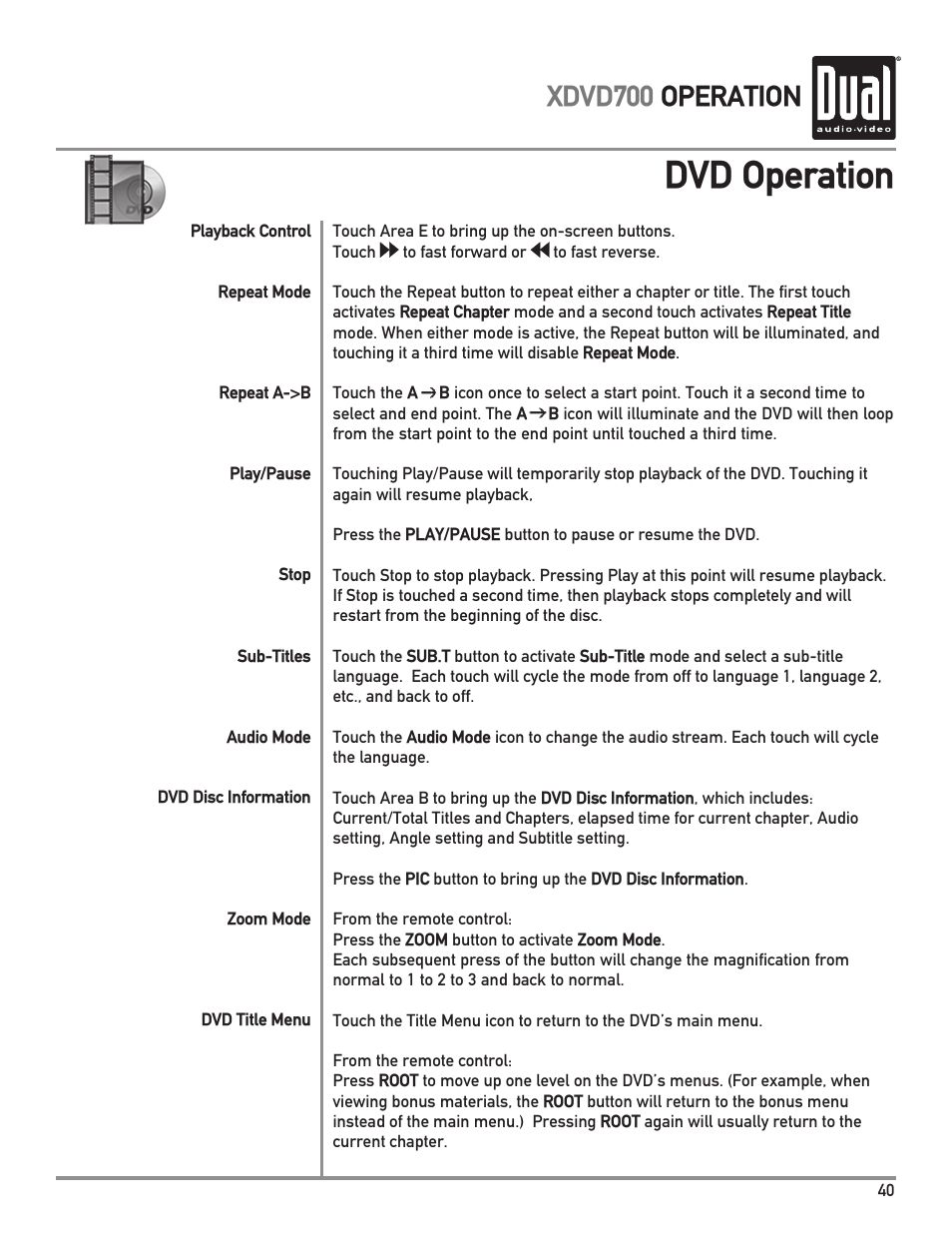 Dvd operation, Xdvd700 operation | Dual XDVD700 User Manual | Page 41 / 56