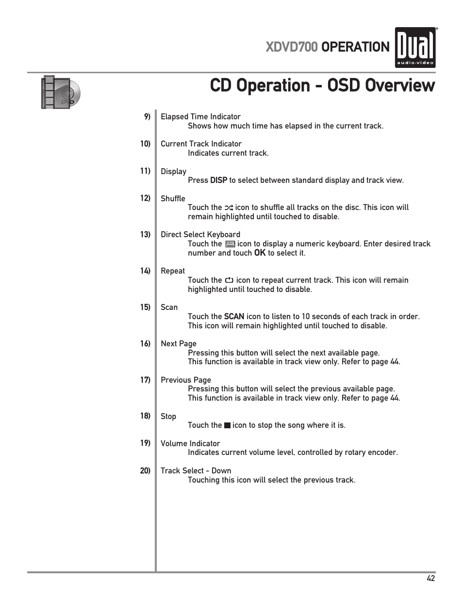 Cd operation - osd overview, Xdvd700 operation | Dual XDVD700 User Manual | Page 43 / 56