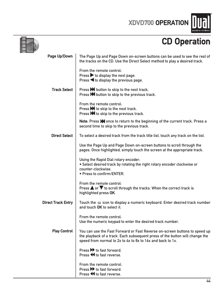 Cd operation, Xdvd700 operation | Dual XDVD700 User Manual | Page 45 / 56