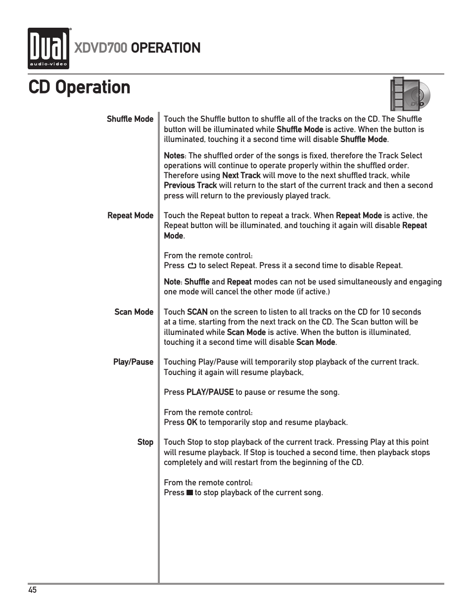 Cd operation, Xdvd700 operation | Dual XDVD700 User Manual | Page 46 / 56