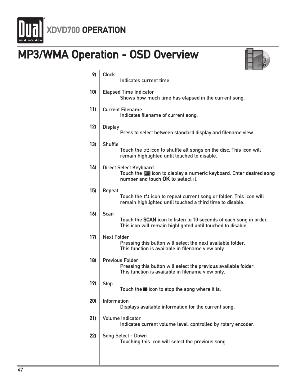 Mp3/wma operation - osd overview, Xdvd700 operation | Dual XDVD700 User Manual | Page 48 / 56