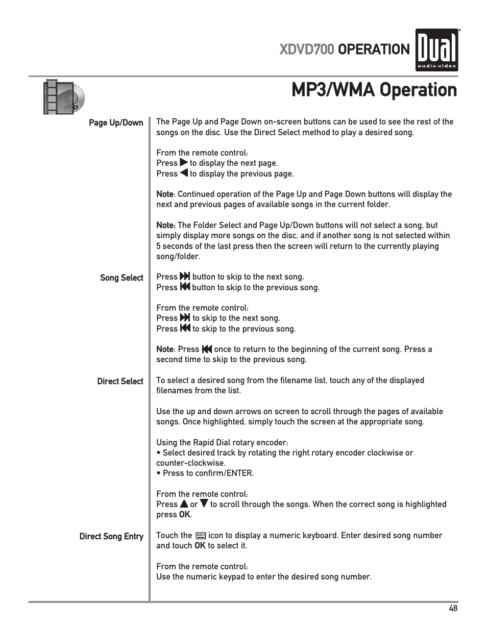 Mp3/wma operation, Xdvd700 operation | Dual XDVD700 User Manual | Page 49 / 56