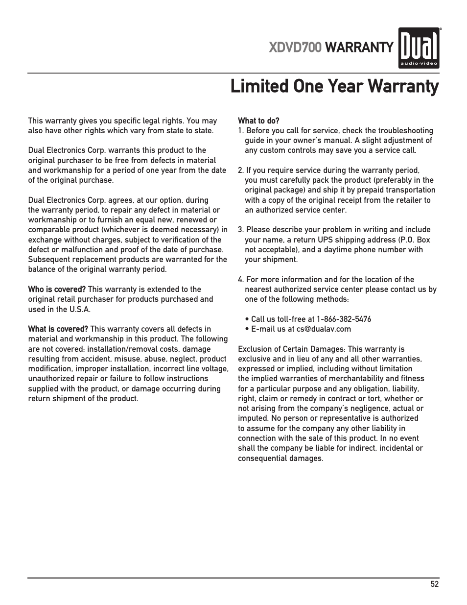 Limited one year warranty, Xdvd700 warranty | Dual XDVD700 User Manual | Page 53 / 56