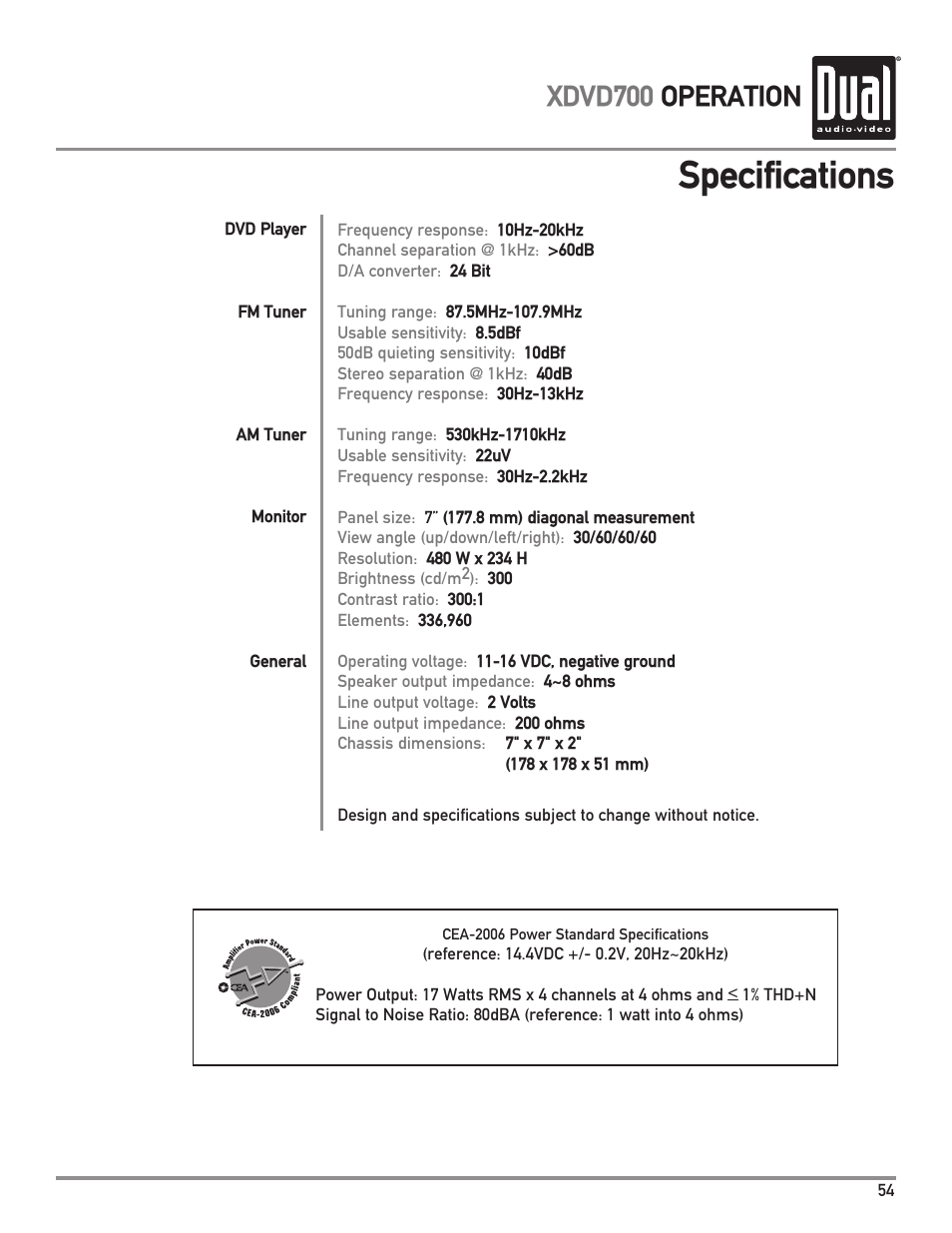 Specifications, Xdvd700 operation | Dual XDVD700 User Manual | Page 55 / 56