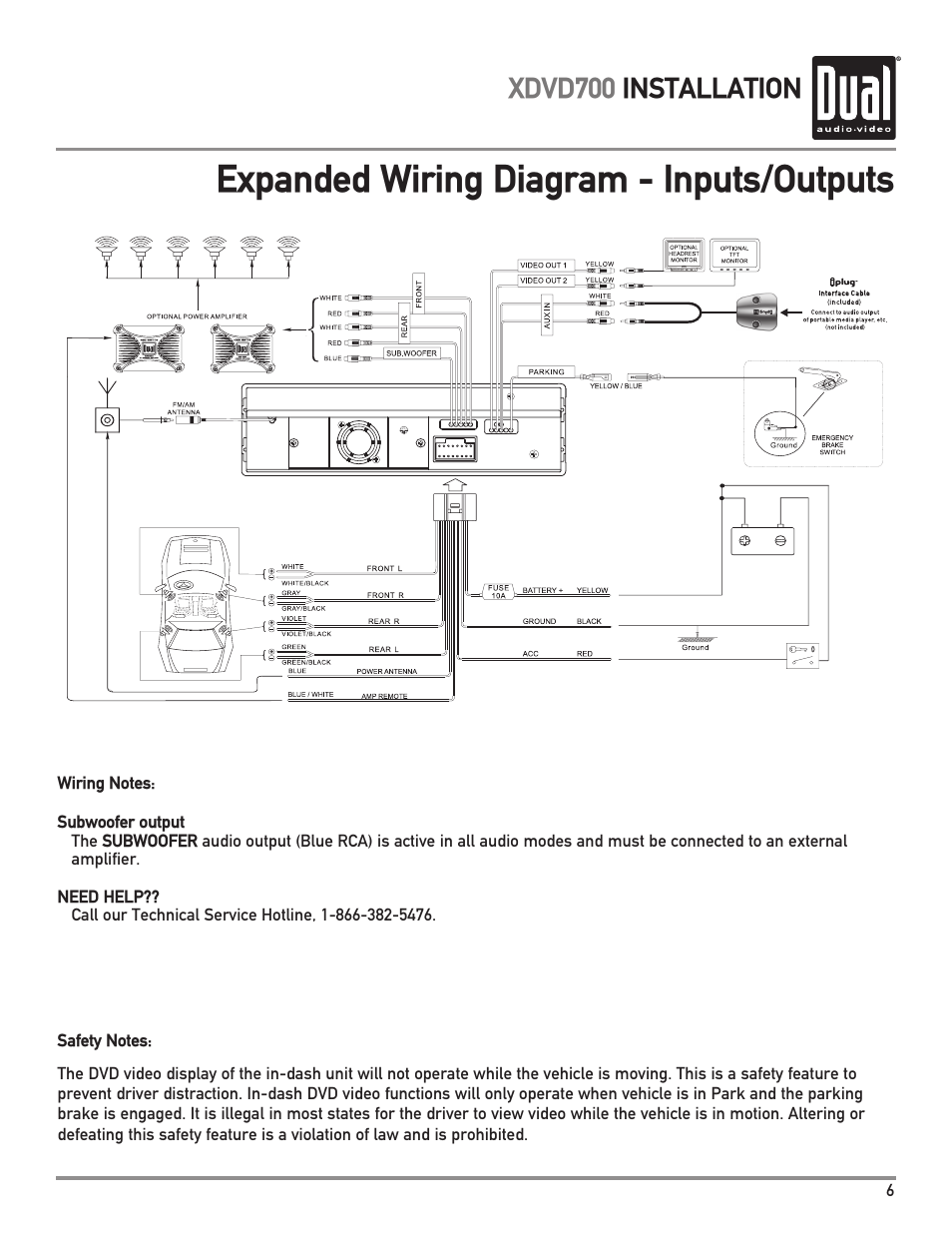 Expanded wiring diagram - inputs/outputs, Xdvd700 installation | Dual XDVD700 User Manual | Page 7 / 56
