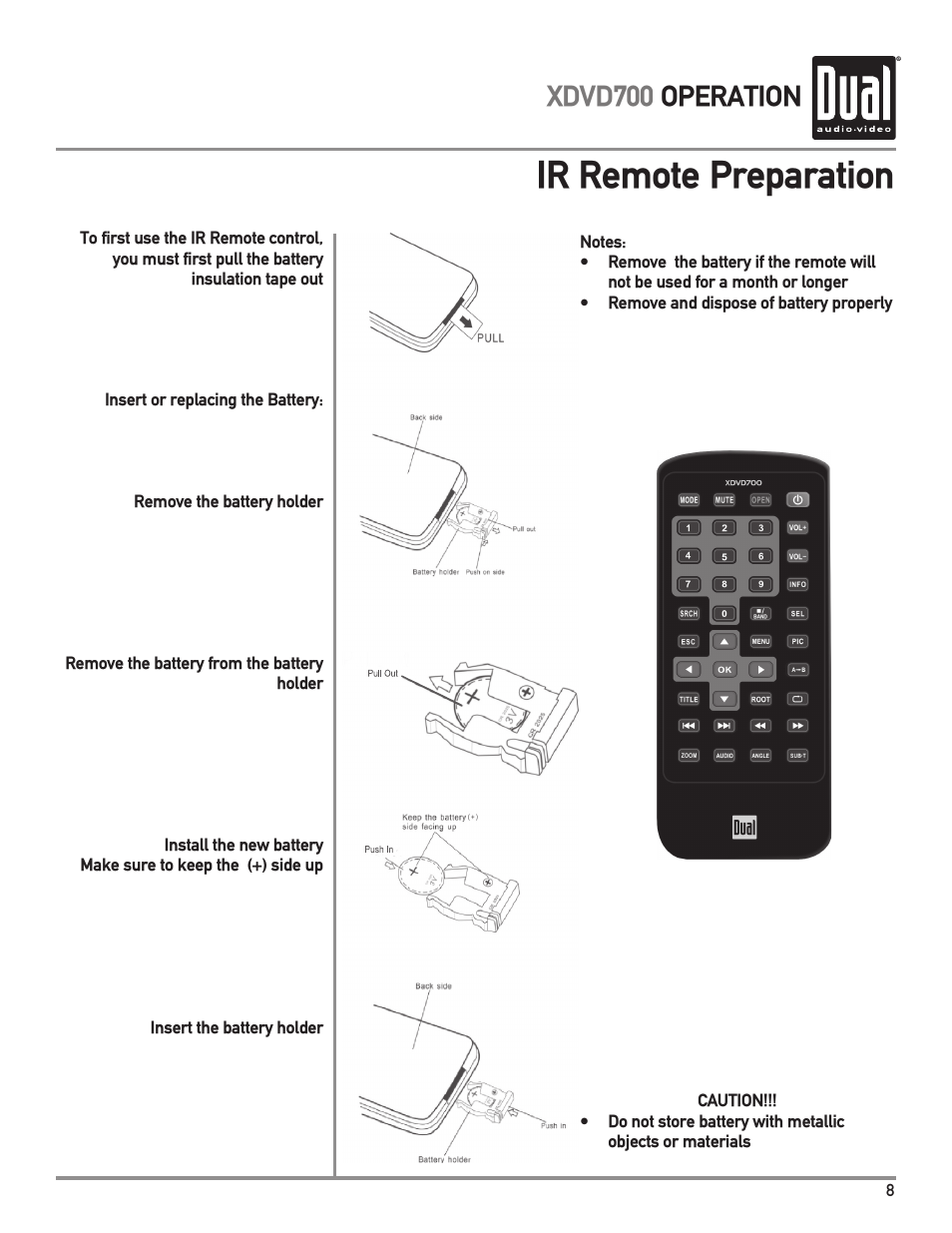 Ir remote preparation, Xdvd700 operation | Dual XDVD700 User Manual | Page 9 / 56