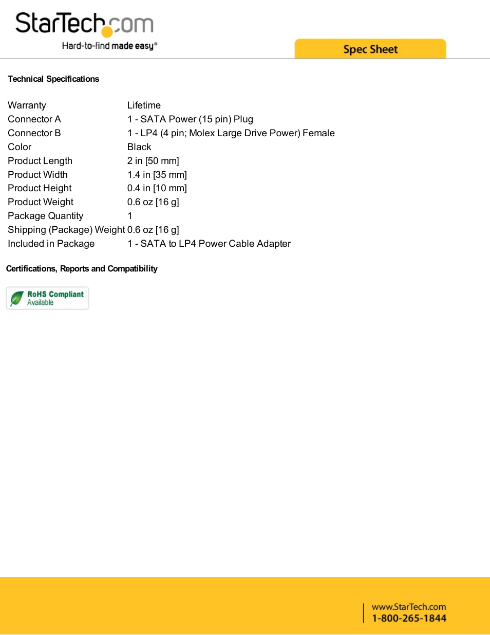 StarTech.com SATA to LP4 Power Cable Adapter User Manual | Page 2 / 2