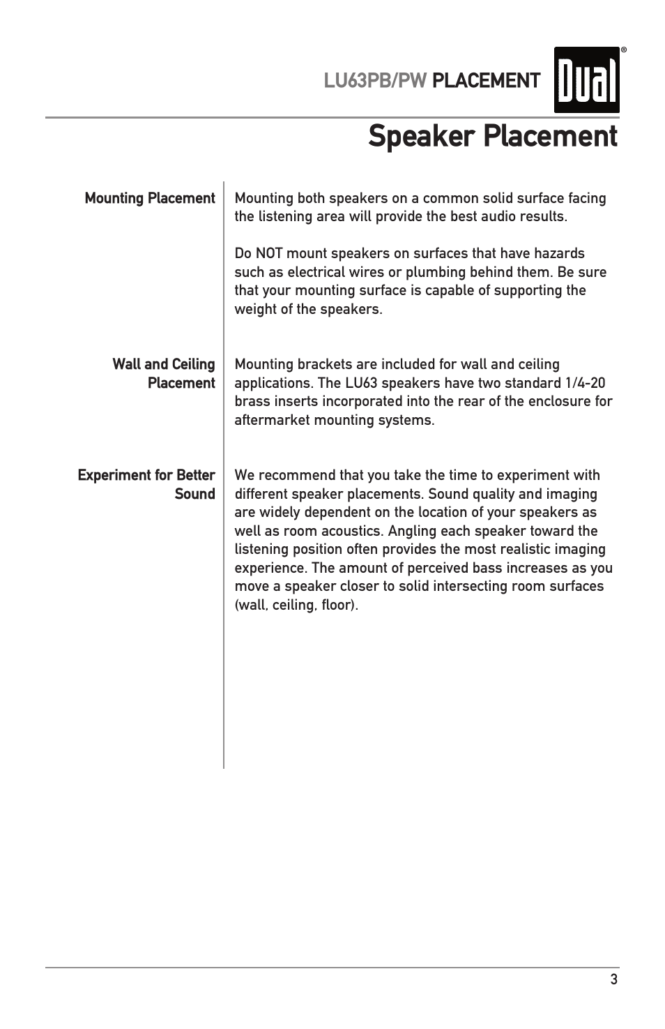 Speaker placement, Lu63pb/pw placement | Dual Indoor/Outdoor 3-Way Loudspeakers LU63PB/PW User Manual | Page 3 / 7
