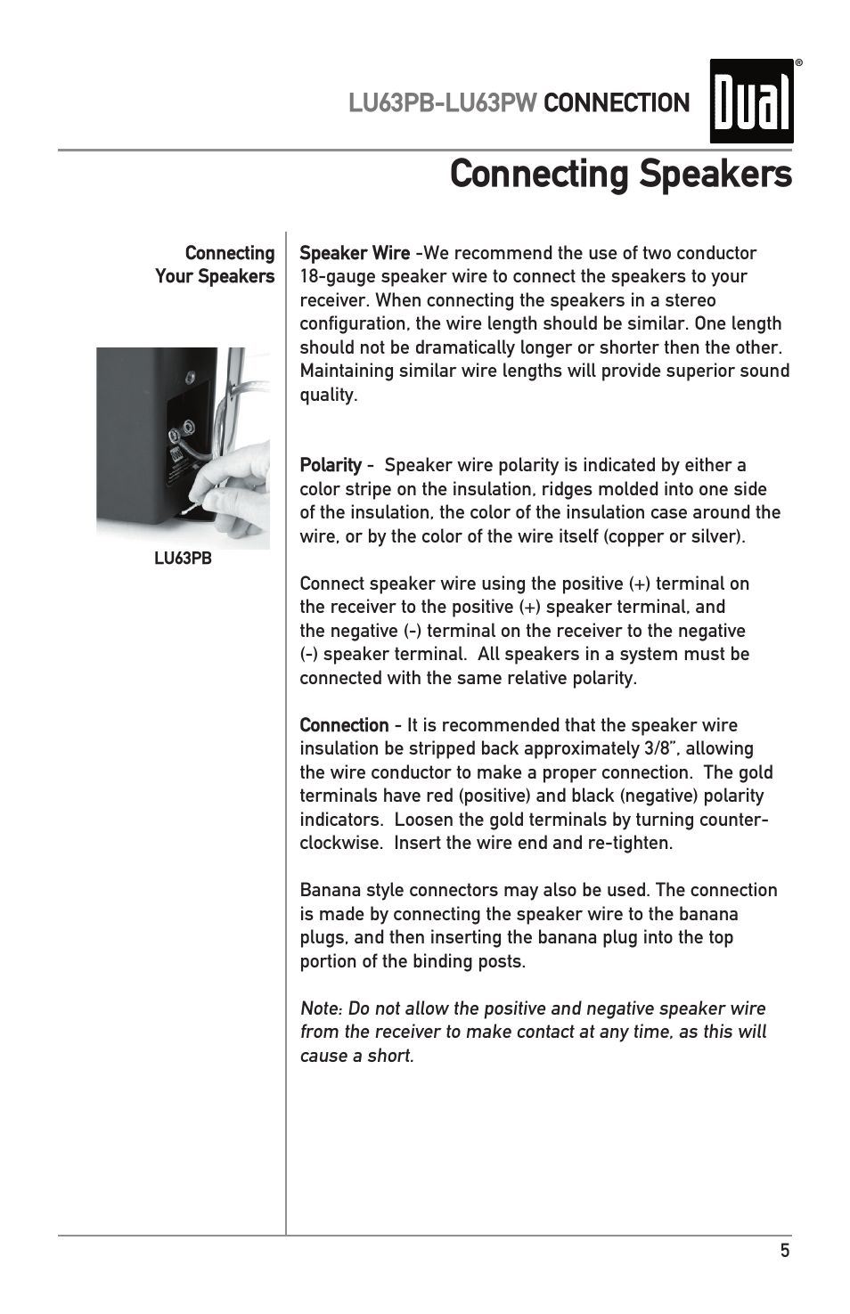 Connecting speakers, Lu63pb-lu63pw connection | Dual Indoor/Outdoor 3-Way Loudspeakers LU63PB/PW User Manual | Page 5 / 7