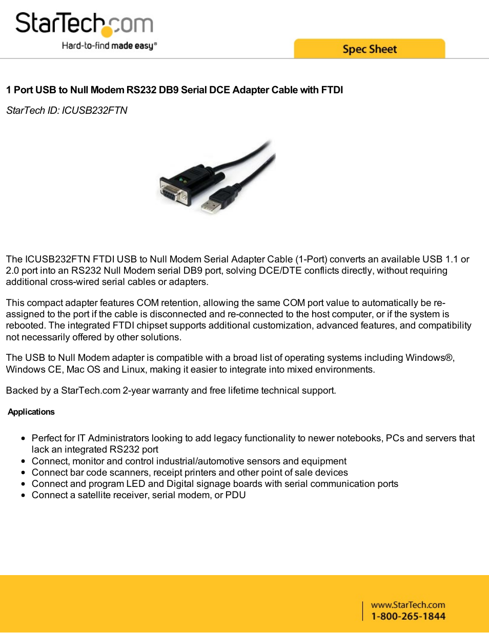 StarTech.com 1-Port USB to Null Modem RS232 DB9 Serial DCE Adapter Cable with FTDI User Manual | 4 pages