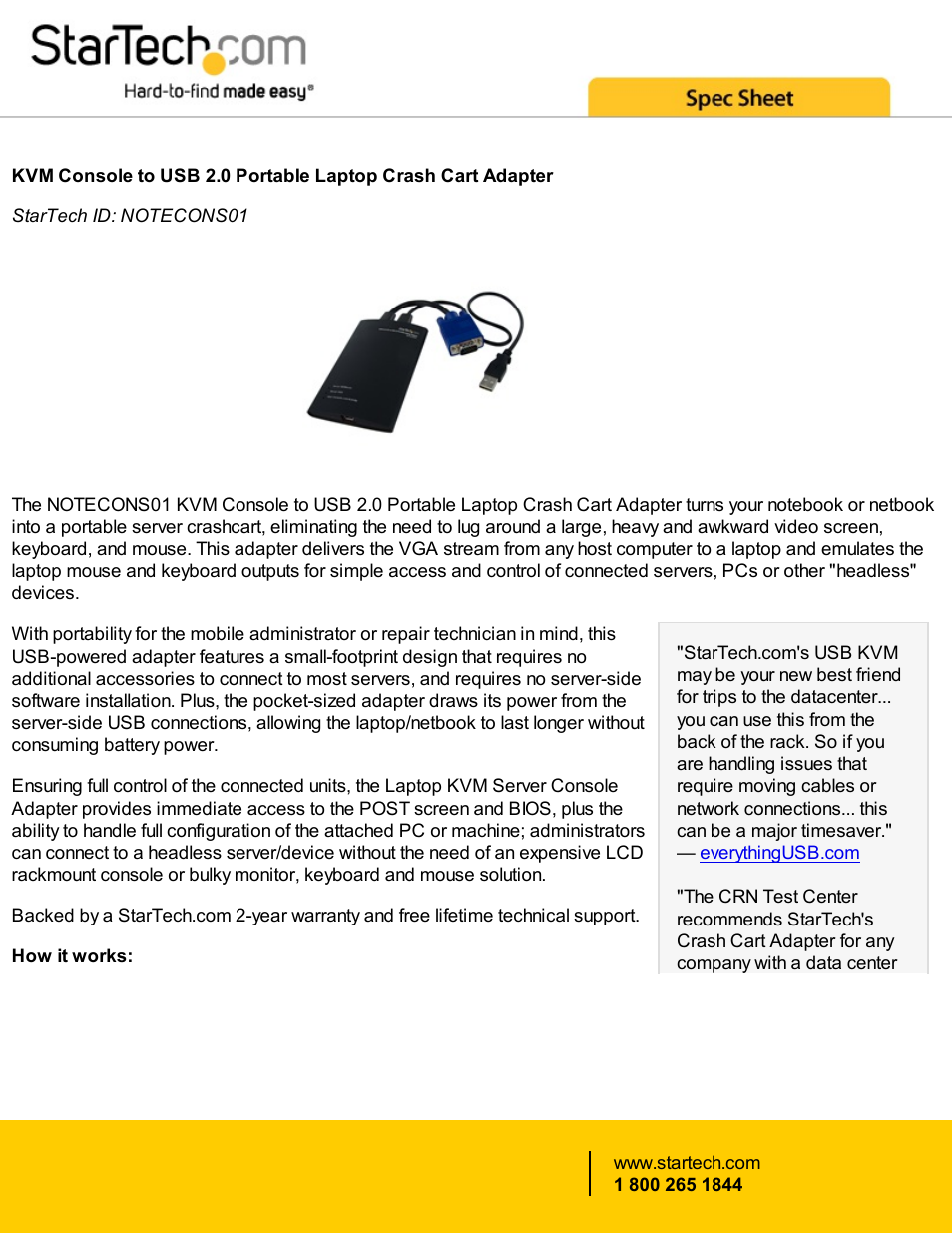 StarTech.com KVM Console to USB 2.0 Portable Laptop Crash Cart Adapter User Manual | 4 pages
