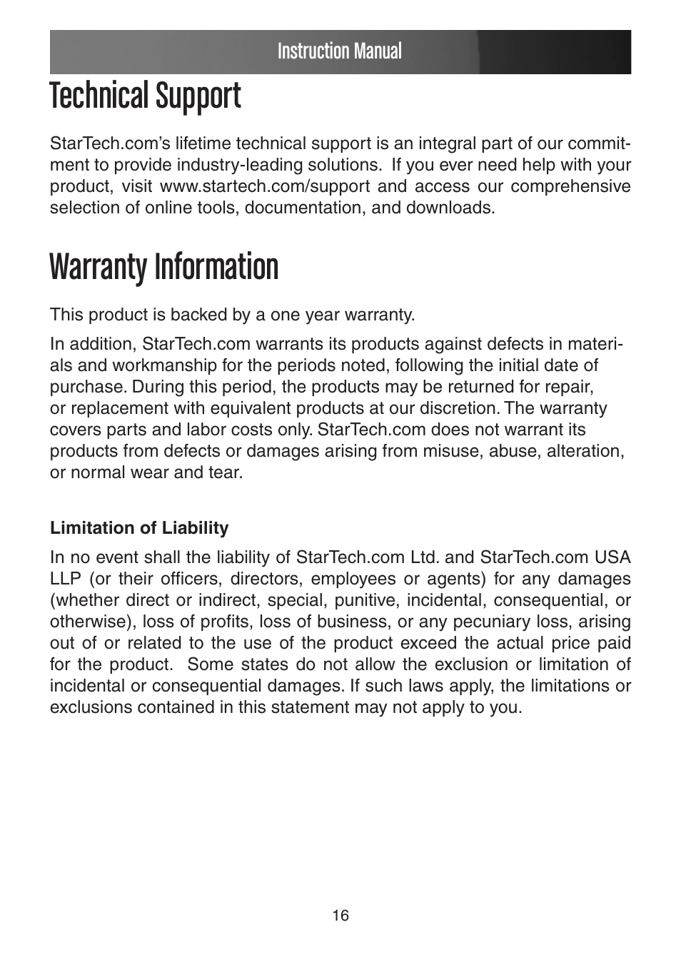 Technical support, Warranty information | StarTech.com USB VGA KVM Console Extender over CAT5 UTP User Manual | Page 19 / 20