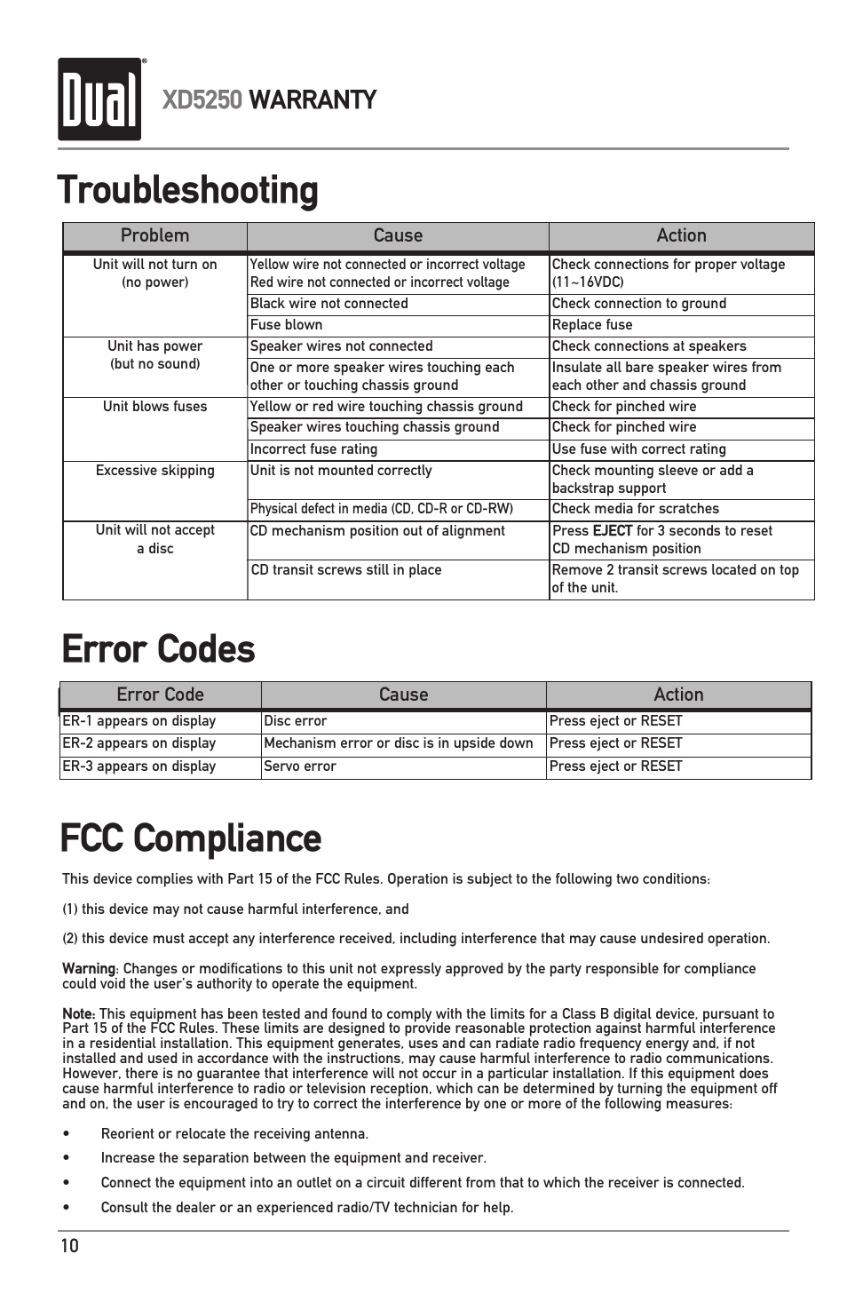 Fcc compliance, Troubleshooting, Error codes | Xd5250 warranty | Dual XD5250 User Manual | Page 10 / 12