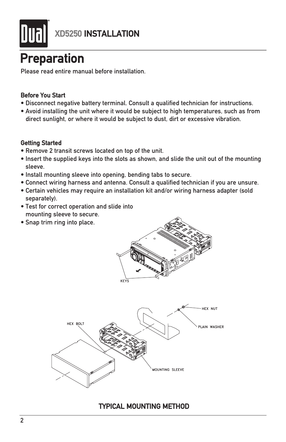 Preparation, Xd5250 installation | Dual XD5250 User Manual | Page 2 / 12