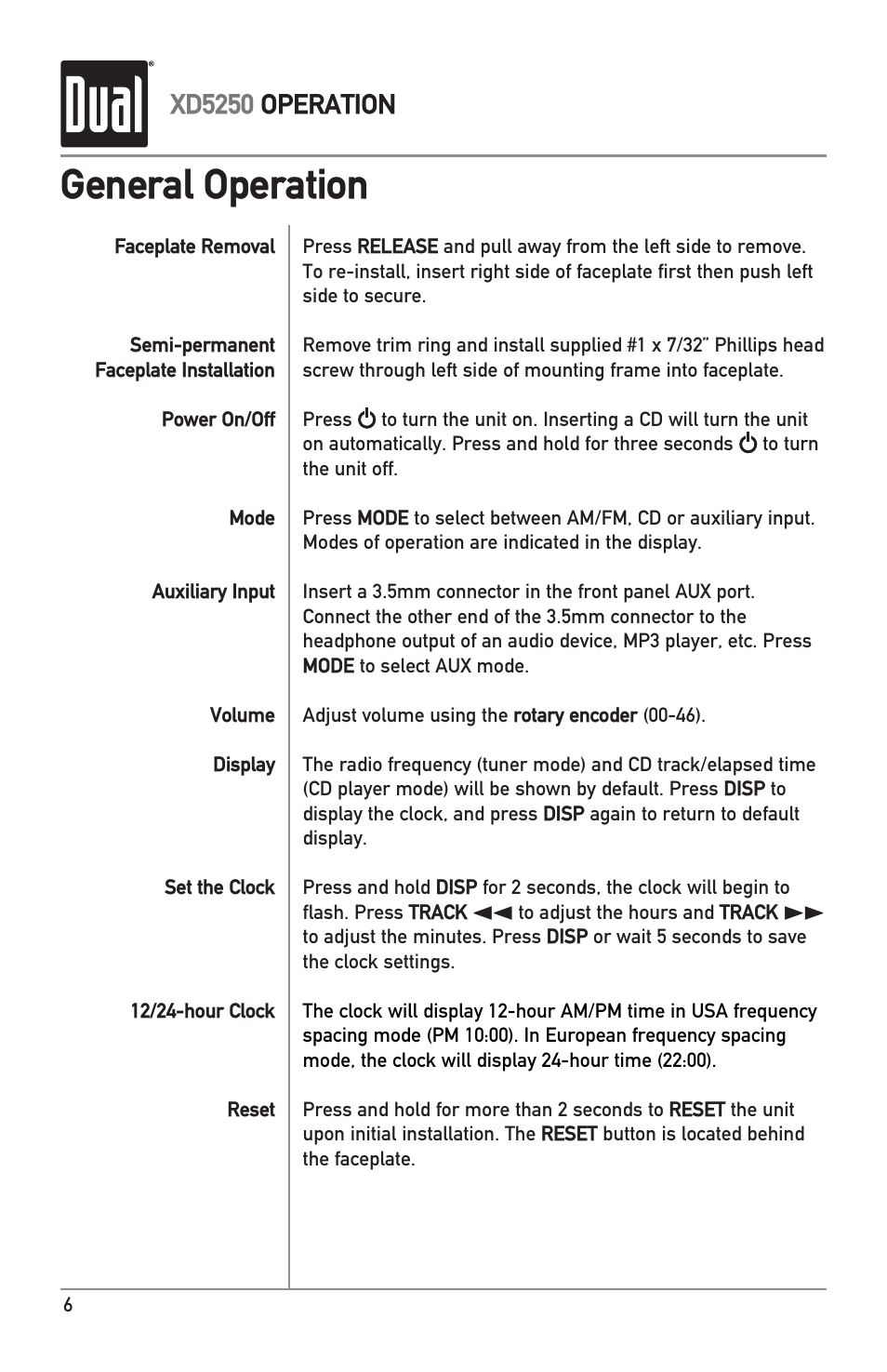 General operation, Xd5250 operation | Dual XD5250 User Manual | Page 6 / 12