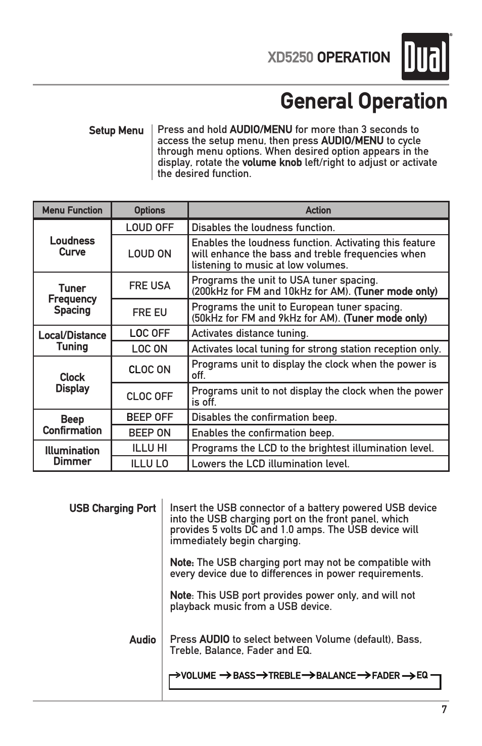 General operation, Xd5250 operation | Dual XD5250 User Manual | Page 7 / 12